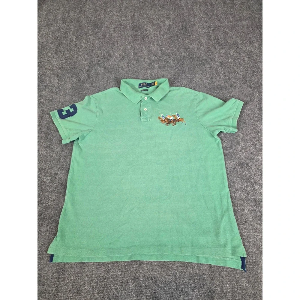 Polo Ralph Lauren Mens Green‎ Triple Pony Custom Slim Fit Polo Shirt Sz L Preppy